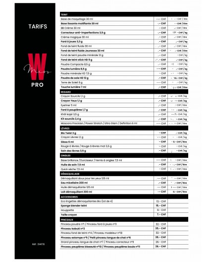 Preisliste Miss W Pro 2021 (auf Französisch)